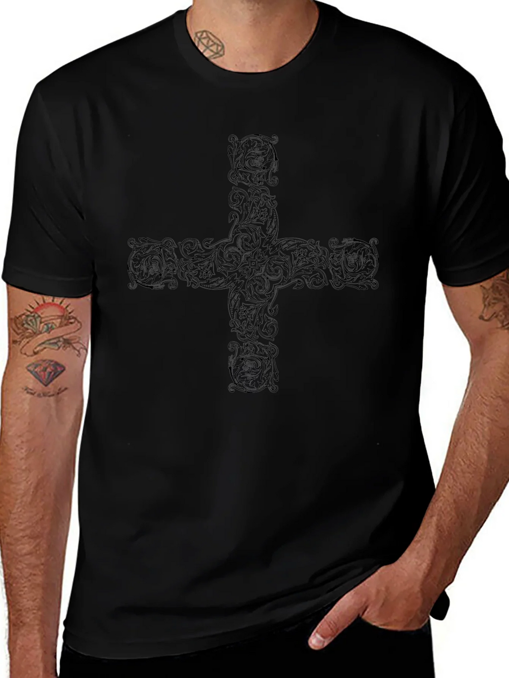 Ornate Cross Graphic Black T-Shirt