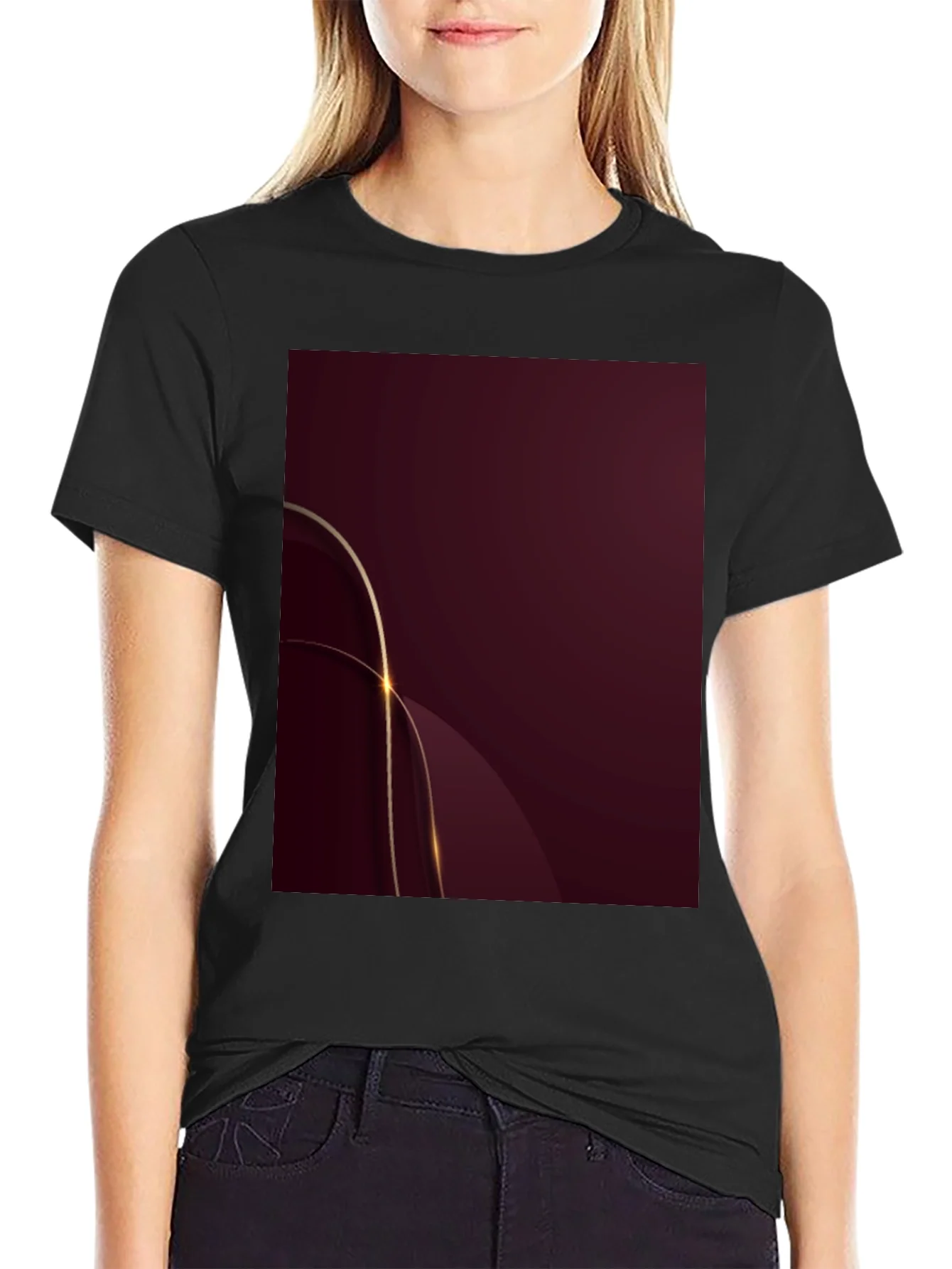 Stylish Black Tee with Abstract Burgundy & Gold Design