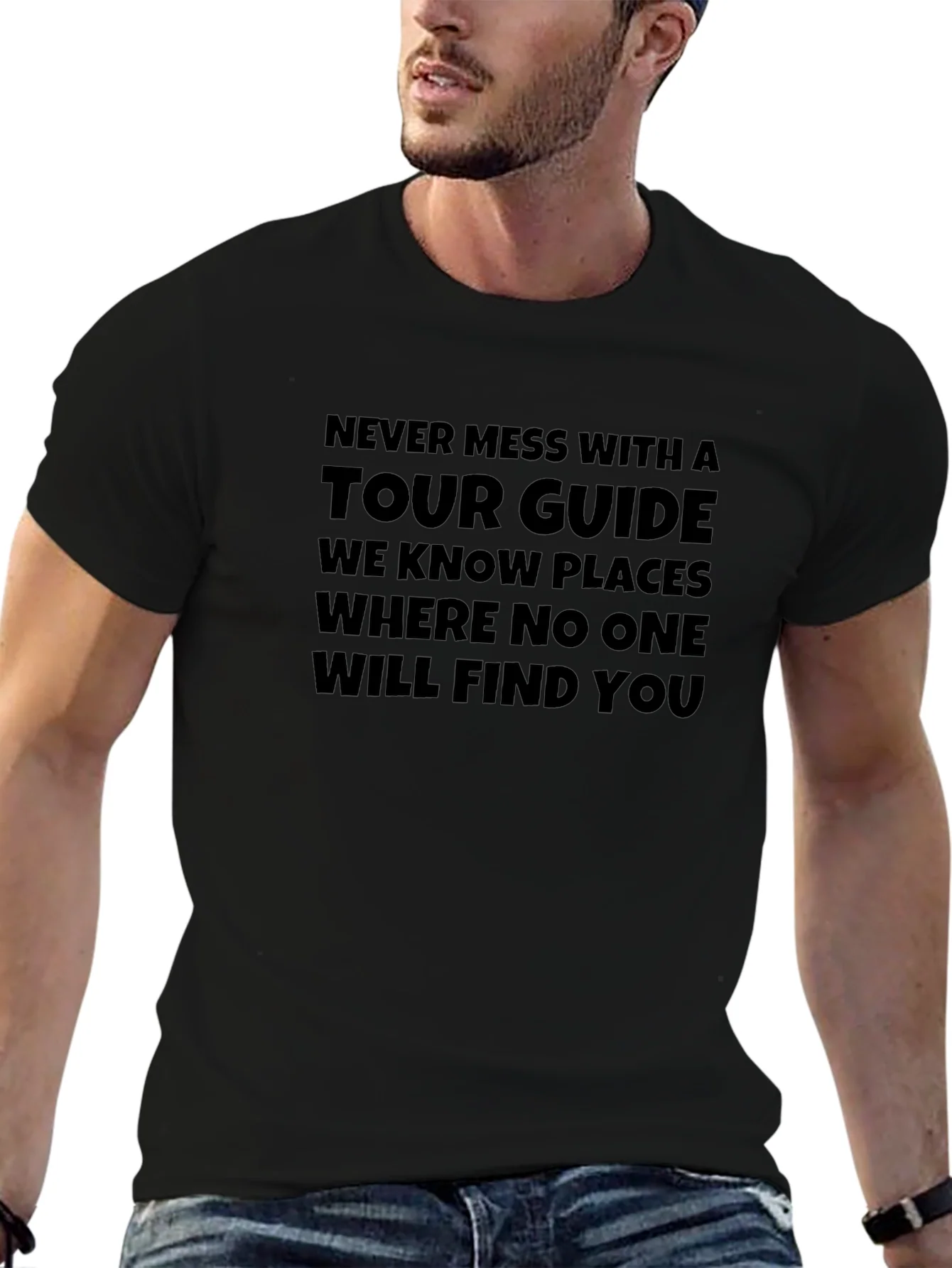 Tour Guide Humor Graphic Tee - Black Crew Neck