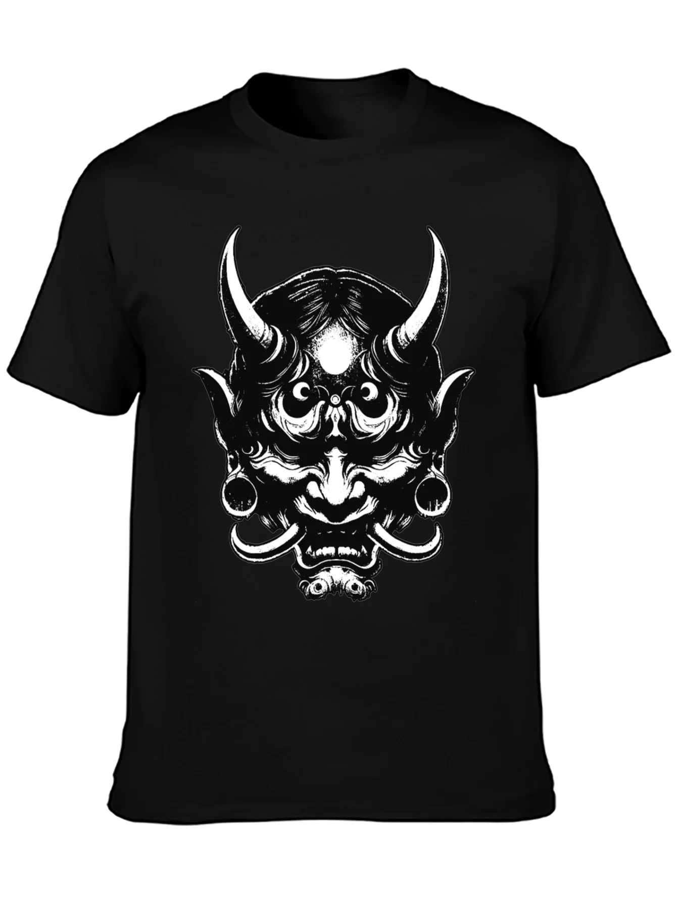 Mens Black Graphic Tee - Oni Mask Design