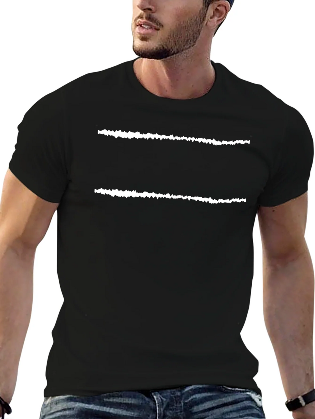 Mens Black T-Shirt with White Line Design